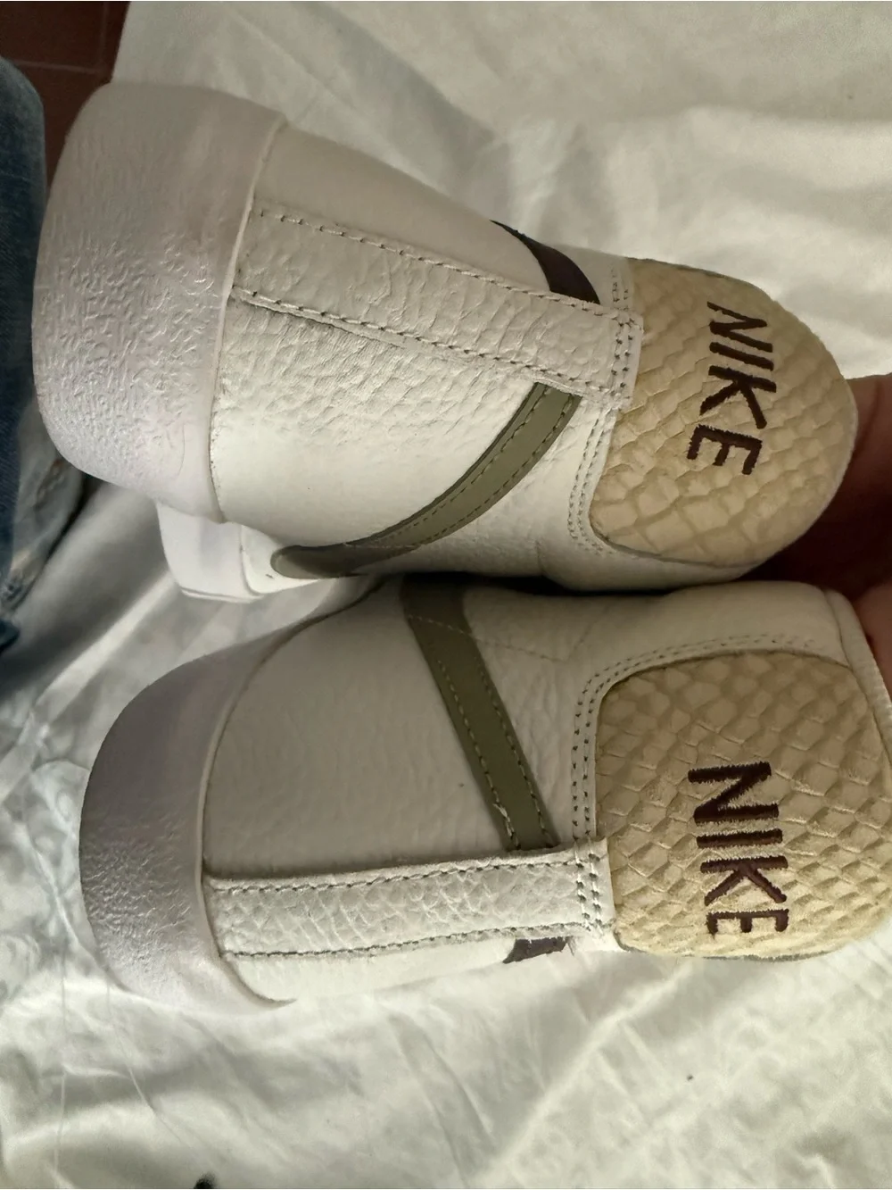 Nike Women’s Mid-Top Sneakers in White with Olive & Burgundy Swooshes